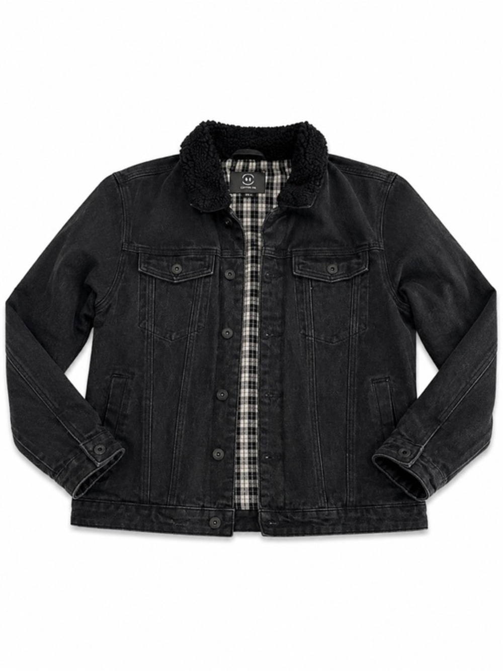 Cotton On Sherpa Collar Black Denim Jacket Flannel Lined Trucker Coat M